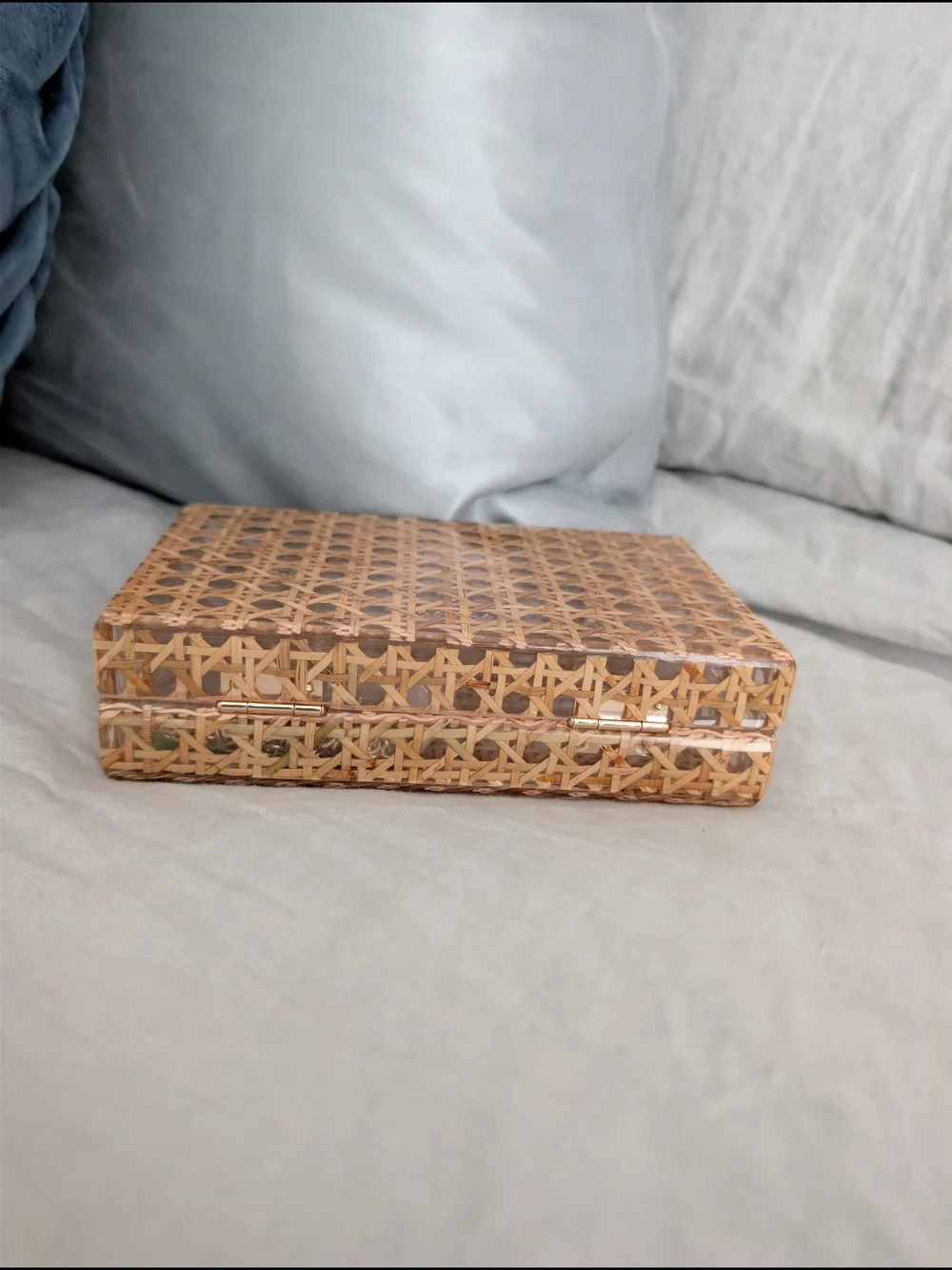 NWT RAMLA Rattan Cane Acrylic Box Clutch Crossbody Bag Brown Clear